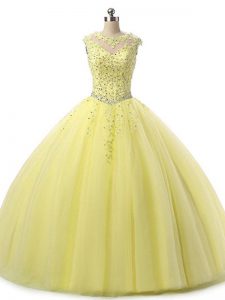 Suitable Yellow Tulle Lace Up Sweet 16 Dresses Sleeveless Floor Length Beading and Lace