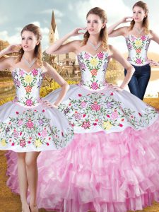 Rose Pink Organza and Taffeta Lace Up Sweetheart Sleeveless Floor Length Vestidos de Quinceanera Embroidery and Ruffled Layers