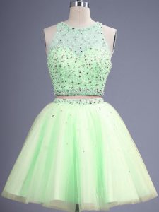 Sleeveless Knee Length Beading Lace Up Dama Dress for Quinceanera with Yellow Green