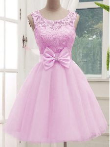 Perfect A-line Vestidos de Damas Lilac Scoop Tulle Sleeveless Knee Length Lace Up