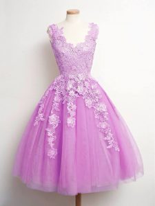 Lilac Tulle Lace Up V-neck Sleeveless Knee Length Court Dresses for Sweet 16 Lace