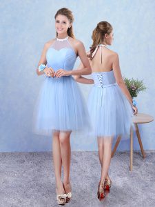 A-line Quinceanera Court of Honor Dress Blue Halter Top Tulle Sleeveless Knee Length Lace Up
