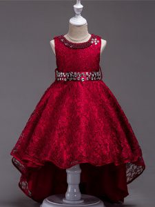 Popular Wine Red Lace Up Scoop Beading Child Pageant Dress Lace Sleeveless