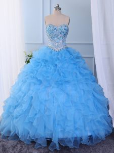 High Class Baby Blue Lace Up Sweetheart Beading and Embroidery and Ruffled Layers Quinceanera Dress Organza Sleeveless