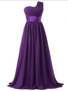 Latest Purple Empire One Shoulder Sleeveless Chiffon Floor Length Lace Up Ruching Quinceanera Court of Honor Dress