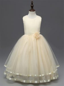 High Quality Sleeveless Tulle Floor Length Zipper Little Girls Pageant Gowns in Champagne with Hand Made Flower