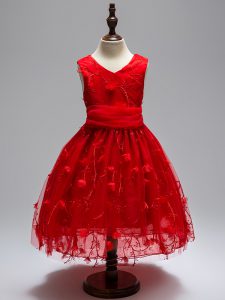 Wine Red V-neck Zipper Appliques Little Girl Pageant Dress Sleeveless