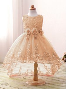 Beautiful Sleeveless High Low Lace and Bowknot and Hand Made Flower Zipper Little Girls Pageant Gowns with Champagne