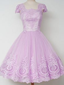 Square Cap Sleeves Quinceanera Court Dresses Knee Length Lace Lilac Tulle