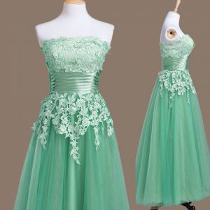 Tulle Strapless Sleeveless Lace Up Appliques Court Dresses for Sweet 16 in Turquoise