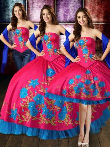 Hot Pink Quinceanera Dress Military Ball and Sweet 16 and Quinceanera with Embroidery Strapless Sleeveless Lace Up