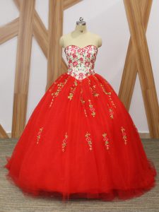 Beautiful Sweetheart Sleeveless Sweep Train Lace Up Quinceanera Gown Red Tulle