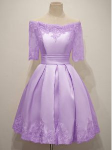 Superior Lavender Vestidos de Damas Prom and Party and Wedding Party with Lace Off The Shoulder Short Sleeves Lace Up