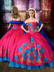 Wonderful Hot Pink Ball Gowns Spaghetti Straps Sleeveless Taffeta Floor Length Lace Up Embroidery Girls Pageant Dresses