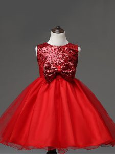 Custom Fit Sequins and Bowknot Little Girl Pageant Dress Red Zipper Sleeveless Tea Length
