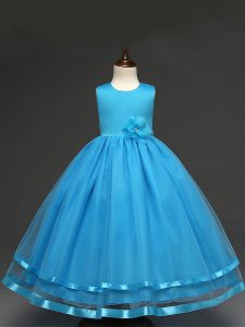 Lovely Baby Blue Tulle Zipper Scoop Sleeveless Floor Length Little Girls Pageant Gowns Hand Made Flower