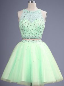 Wonderful Tulle Scoop Sleeveless Lace Up Beading Dama Dress for Quinceanera in Yellow Green