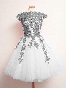 Affordable White A-line Tulle Scalloped Sleeveless Appliques Mini Length Lace Up Dama Dress