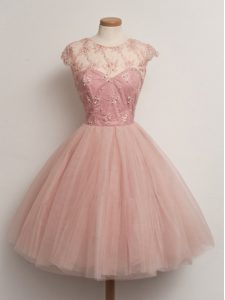 Best Peach Ball Gowns Lace Quinceanera Dama Dress Lace Up Tulle Cap Sleeves Knee Length