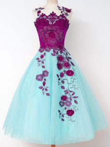 Chic Aqua Blue A-line Tulle Straps Sleeveless Appliques Knee Length Lace Up Quinceanera Court Dresses