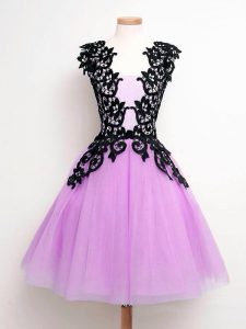 Flare Lilac Sleeveless Lace Knee Length Dama Dress for Quinceanera
