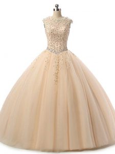 Perfect Floor Length Champagne 15 Quinceanera Dress Tulle Sleeveless Beading and Lace