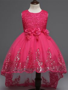 Perfect High Low Ball Gowns Sleeveless Hot Pink Kids Pageant Dress Zipper