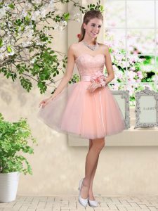 Peach Sweetheart Neckline Lace and Belt Quinceanera Dama Dress Sleeveless Lace Up