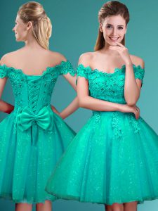 Discount Cap Sleeves Tulle Knee Length Lace Up Dama Dress for Quinceanera in Turquoise with Lace and Belt