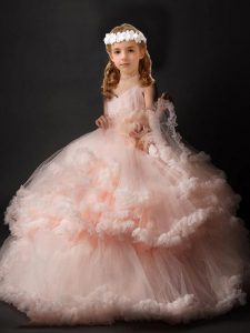 Pink Ball Gowns V-neck Sleeveless Tulle Brush Train Criss Cross Hand Made Flower Little Girl Pageant Dress