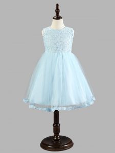 Knee Length Light Blue Little Girls Pageant Dress Wholesale Tulle Sleeveless Lace and Bowknot