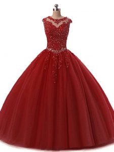 On Sale Wine Red Tulle Lace Up Scoop Sleeveless Floor Length Sweet 16 Dresses Beading and Lace