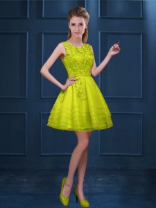 Yellow Green A-line Scoop Sleeveless Tulle Knee Length Zipper Lace and Ruffled Layers Quinceanera Court Dresses