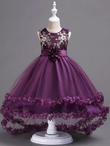 Enchanting Dark Purple Scoop Neckline Appliques and Hand Made Flower Little Girls Pageant Dress Sleeveless Zipper