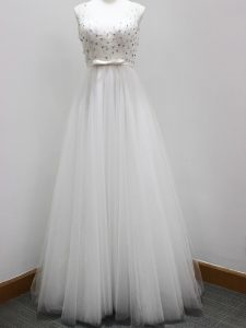 Sleeveless Tulle Brush Train Zipper Quinceanera Court Dresses in White with Beading and Belt
