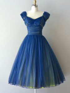 Blue Chiffon and Tulle Lace Up V-neck Cap Sleeves Knee Length Quinceanera Court of Honor Dress Ruching