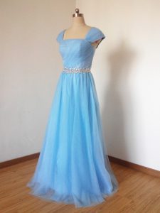 Square Cap Sleeves Zipper Quinceanera Dama Dress Baby Blue Tulle
