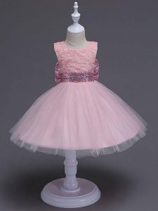 Cute Ball Gowns Little Girls Pageant Dress Baby Pink Scoop Tulle Sleeveless Knee Length Zipper