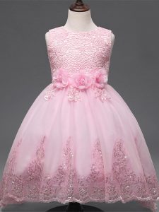 Tulle Scoop Sleeveless Zipper Lace and Appliques and Bowknot and Hand Made Flower Kids Pageant Dress in Baby Pink