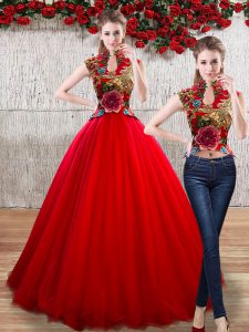 Red Sleeveless Organza Lace Up Quinceanera Gowns for Military Ball and Sweet 16 and Quinceanera