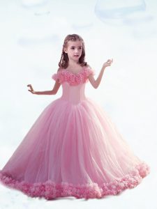 Charming Baby Pink Little Girls Pageant Dress Wholesale Off The Shoulder Sleeveless Court Train Lace Up