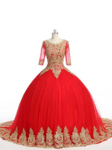 Red Ball Gowns Lace and Appliques Quinceanera Dresses Zipper Tulle Half Sleeves