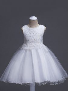 Custom Designed Knee Length Ball Gowns Sleeveless White Little Girl Pageant Dress Zipper