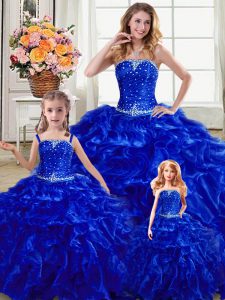 Cheap Sleeveless Organza Floor Length Lace Up 15th Birthday Dress in Royal Blue with Beading and Ruffles