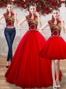 Red Quinceanera Gowns Military Ball and Sweet 16 and Quinceanera with Appliques High-neck Sleeveless Lace Up