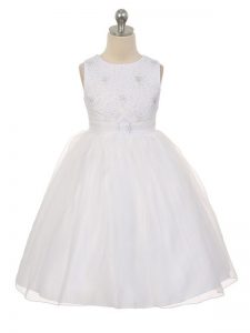 White Ball Gowns Tulle Scoop Sleeveless Beading Knee Length Lace Up Little Girls Pageant Dress