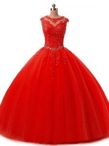 Cute Sleeveless Tulle Floor Length Lace Up Quinceanera Gowns in Red with Beading and Lace