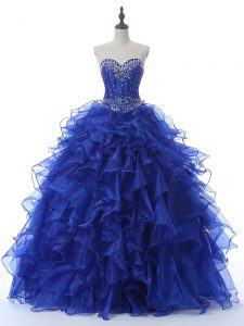 Floor Length Lace Up Ball Gown Prom Dress Royal Blue for Military Ball and Sweet 16 and Quinceanera with Beading and Ruffles