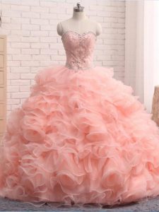 Spectacular Sleeveless Organza Floor Length Zipper Quinceanera Gown in Pink with Beading and Ruffles