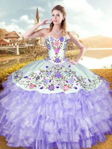 Floor Length Lace Up Quinceanera Dress Lavender for Military Ball and Sweet 16 with Embroidery and Ruffled Layers